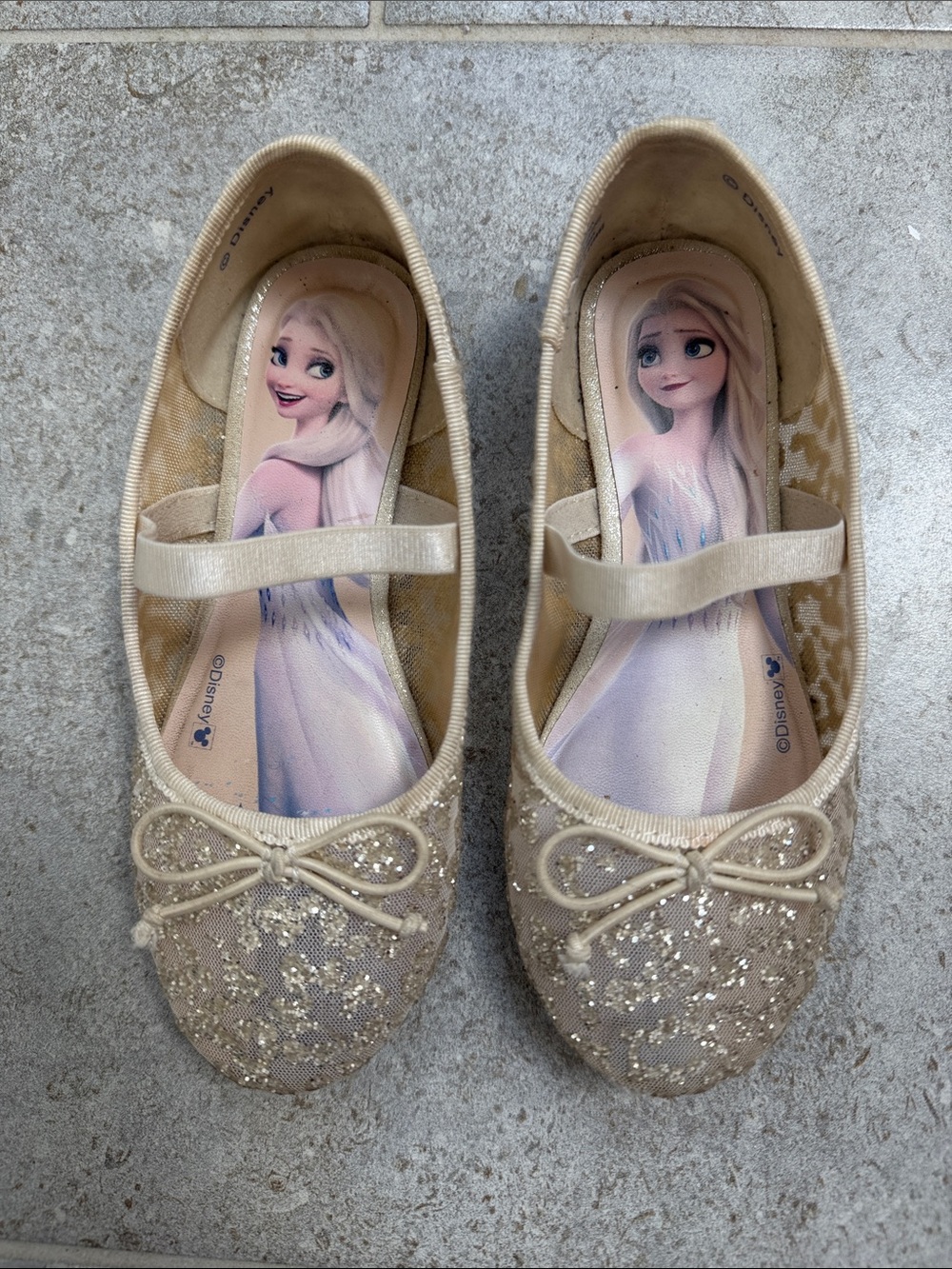 “Frozen” Elsa Mary Jane Ballet Flats, Gold/Ivory Glitter